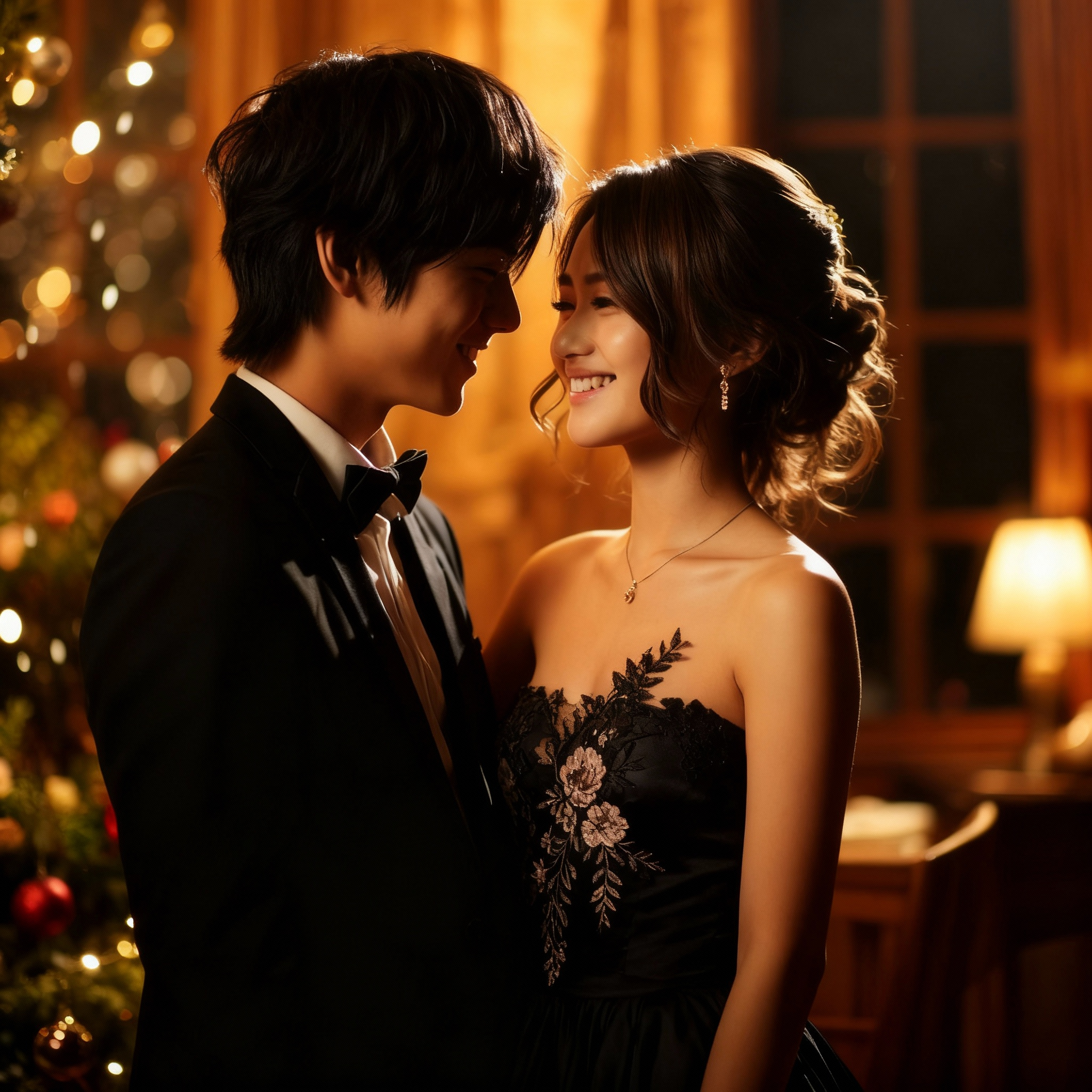 asian couple staring into eachother eyes